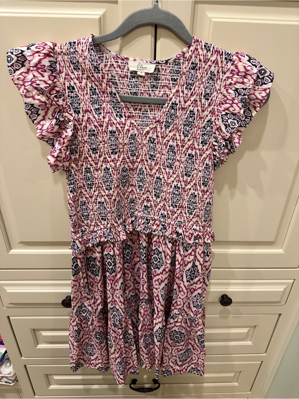 Elan Pink and Navy Patterned Smocked Midi Dress